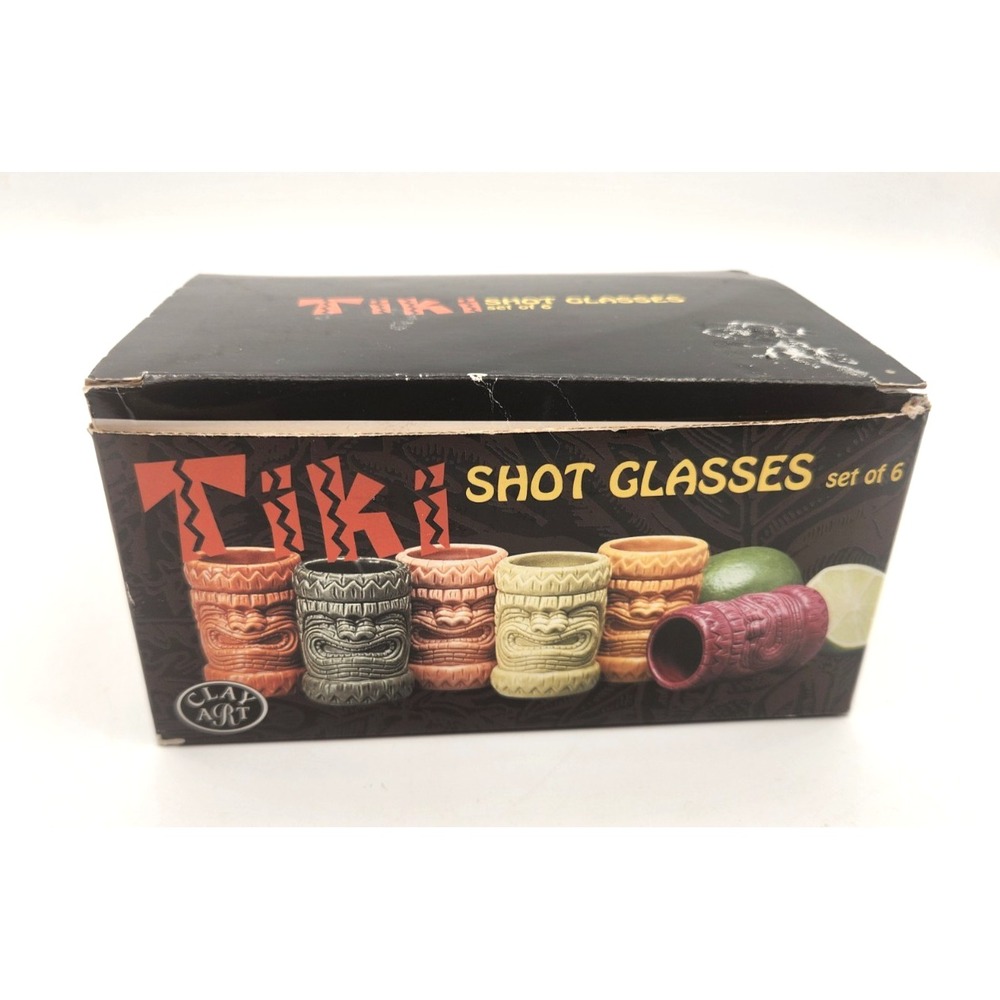 Clay Art Set Of 6 Tiki Shot glasses colorful ceramic unused in Open Box